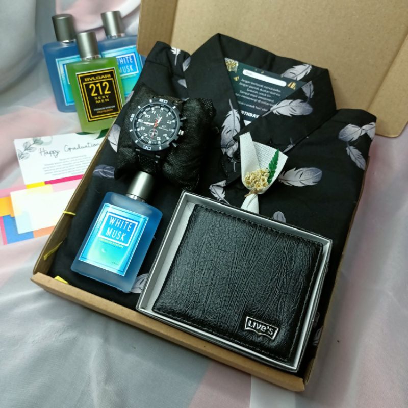 Paket hampers cowok kemeja cowok distro 01 parfum cowok jam tangan dompet cowok kado ulang tahun pac
