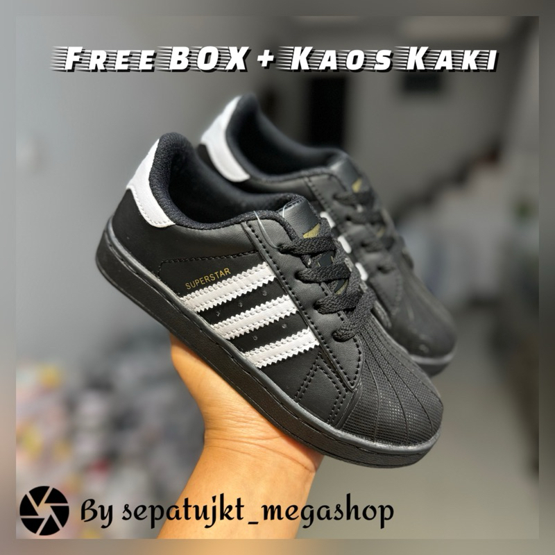 Sepatu Anak Adidas Superstar Hitam Tali | Sepatu anak Sekolah | Sepatu anak TK SD