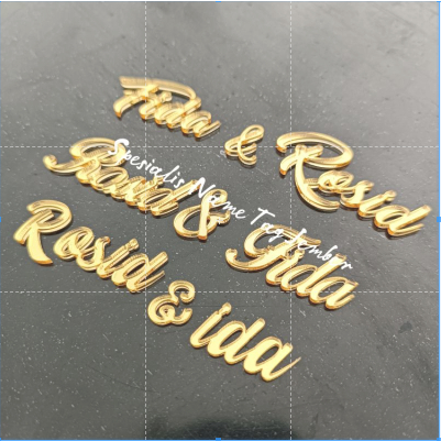 MURAH sepasang NAMA AKRILIK MIRROR GOLD CUTTING LETTER MIRROR GOLD chipboard akrilik dekorasi mahar 