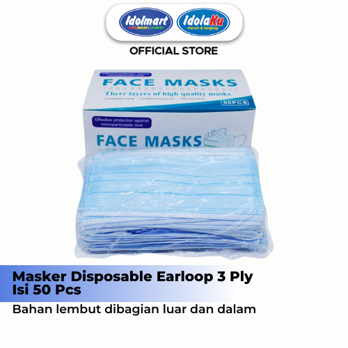 IDOLMART Masker Disposable Earloop 3 PLY isi 50 Pcs/Anti Bakteri Masker Surabaya