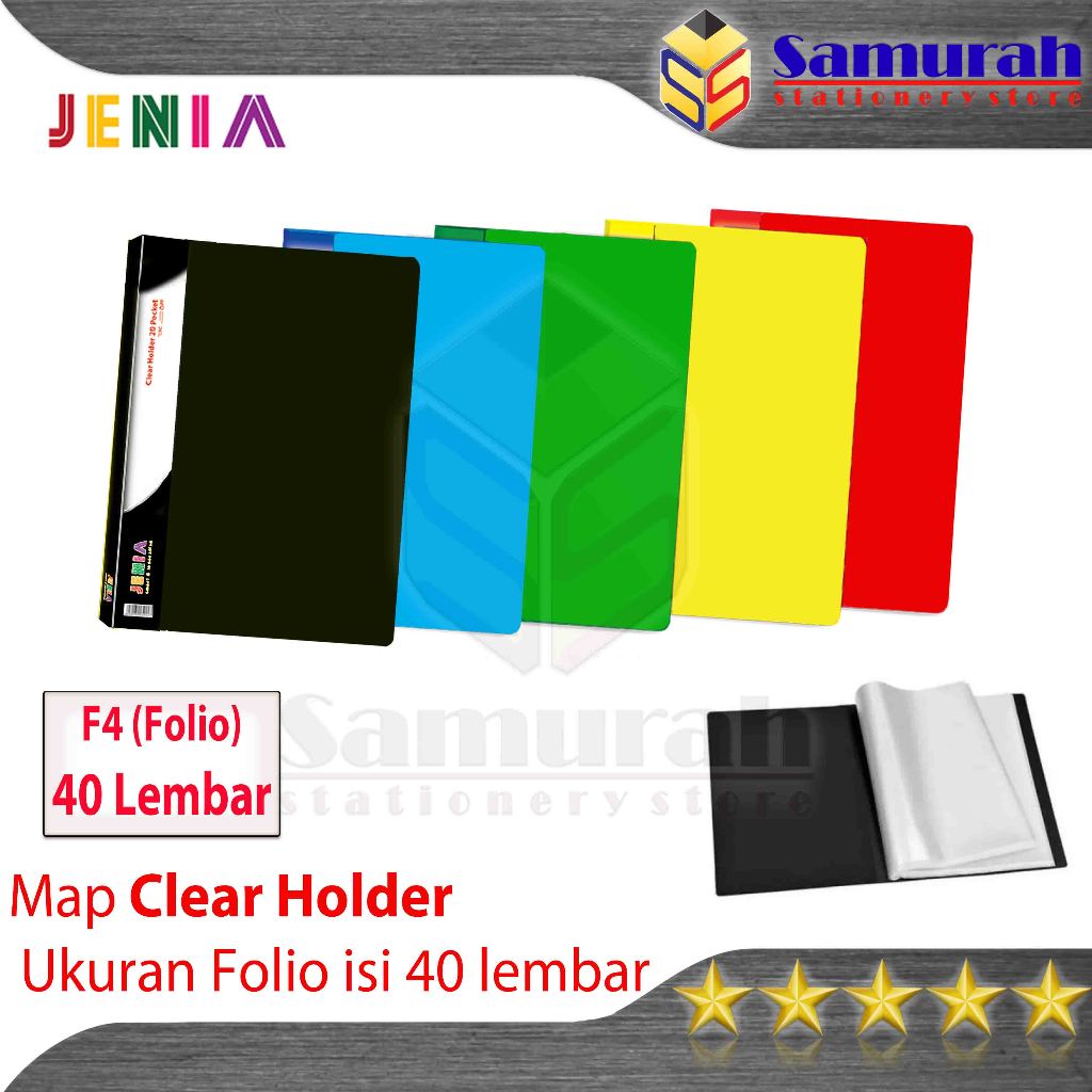 

Map Clear Holder 40 Pocket Polos Folio Jenia / Album Plastik isi 40 lembar Kantong Bening / Map Katalog List Harga Warna Merah Biru Kuning Hijau HItam