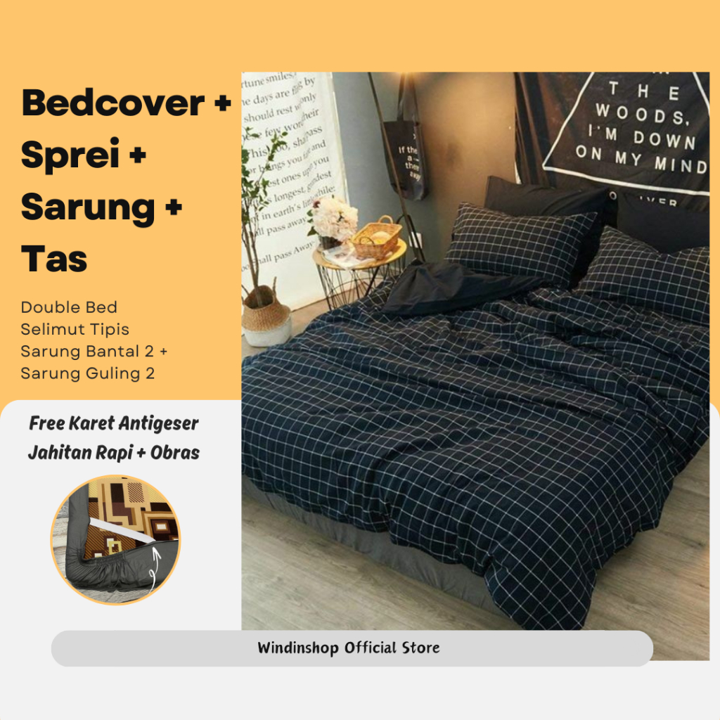 BEDCOVER SET DOUBLE BED SELIMUT TIPIS KOTAK HITAM | BEDCOVER KOTAK HITAM | BEDCOVER TEBAL