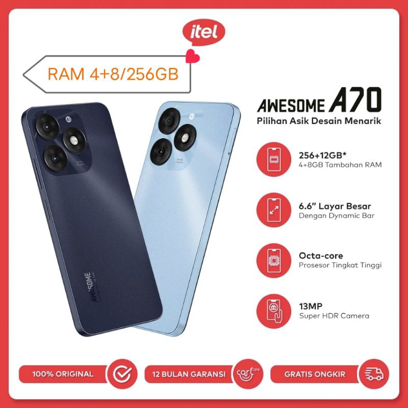 ITEL A70 4/64GB & 4/128GB GARANSI RESMI [ Extended ram 8GB ]