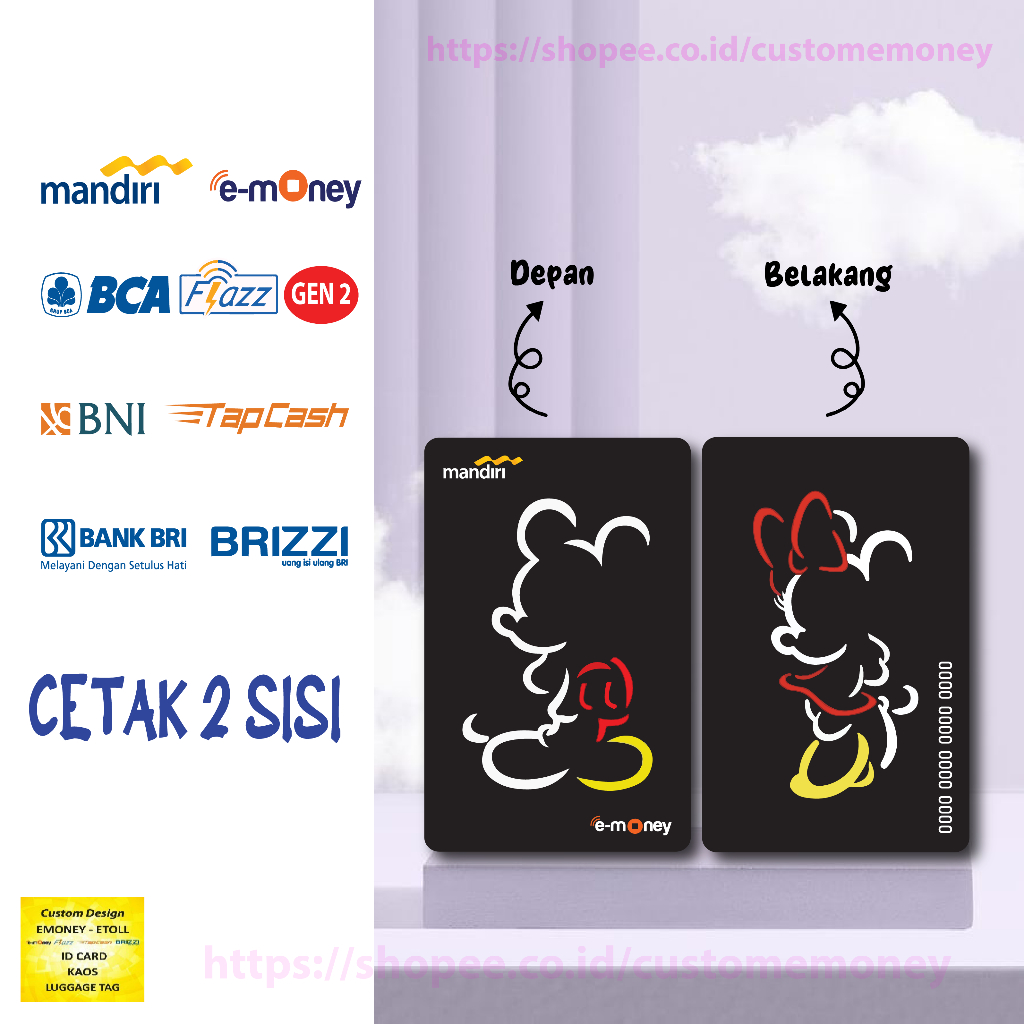 KARTU EMONEY DESIGN ANIME MICKEY MINNIE MOUSE COUPLE EMONEY MANDIRI FLAZZ GEN2 TAPCASH BRIZZI 2 SISI