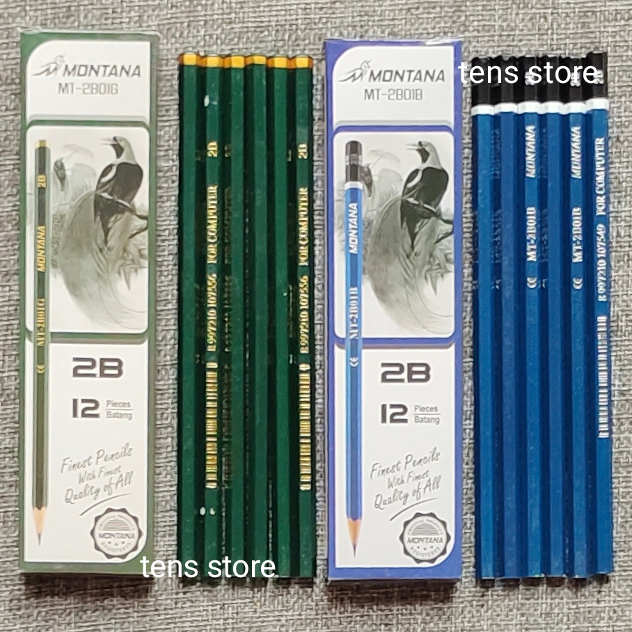 

1 lusin Pensil 2B hitam Montana warna gagang biru dan hijau
