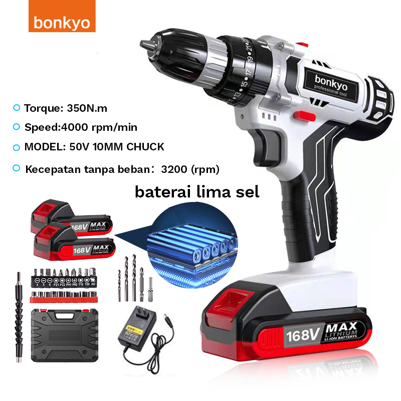 Bonkyo 168VF Mesin Bor Impact Drill / Bor baterai /Bor Listrik/Beton Besi Kayu Full  Set Pilihan Bor