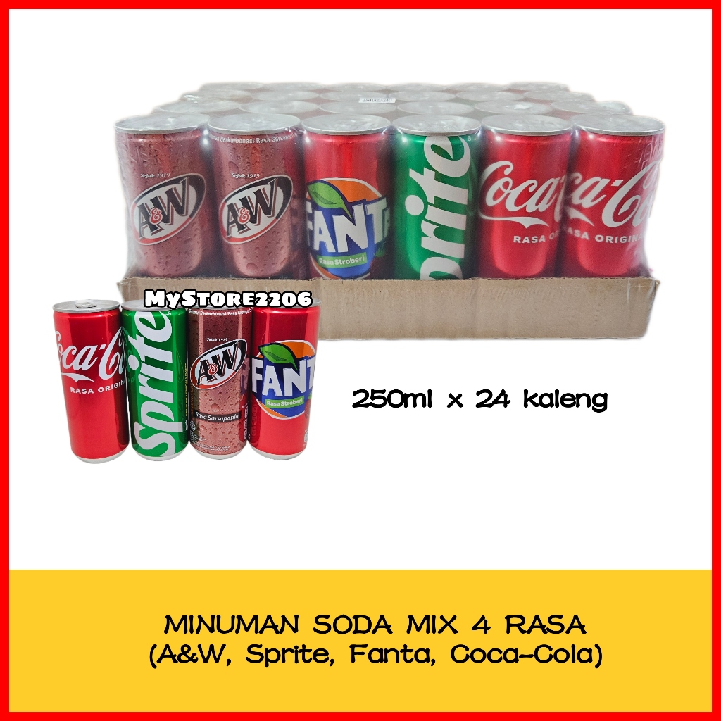 

Minuman Kaleng Soda / Soft Drink Mix 4 Rasa (A&W AW, Sprite, Fanta, Coca Cola) 250ml x 24 kaleng