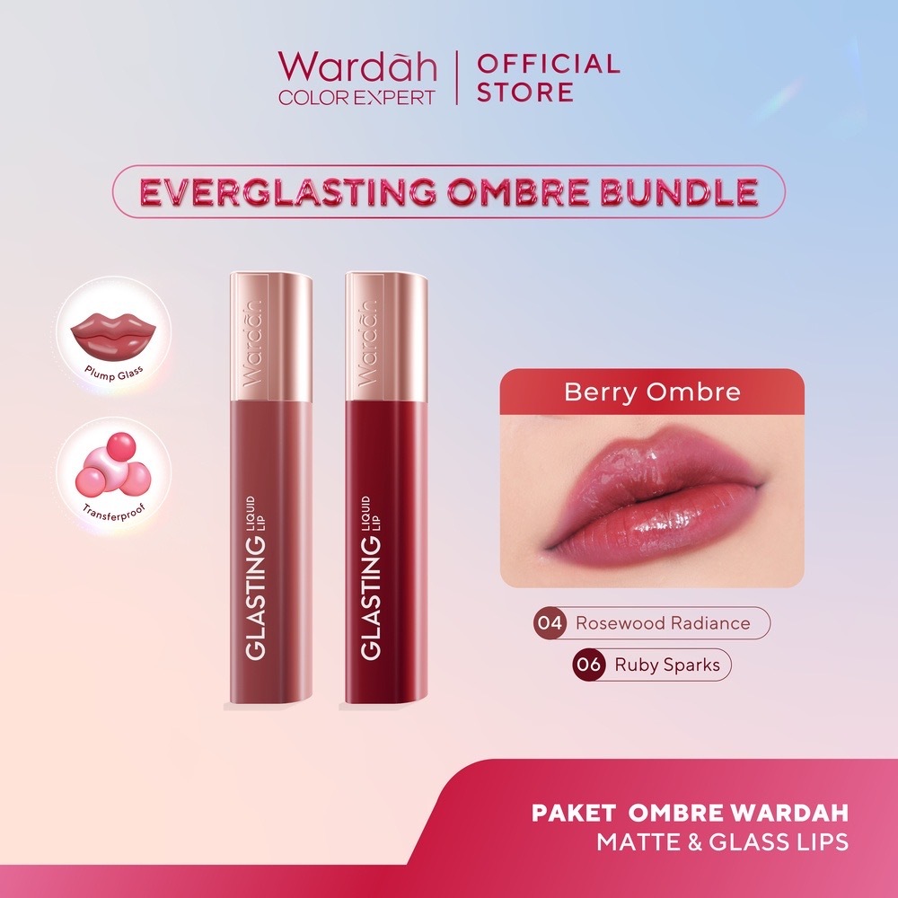WARDAH Glasting Liquid Lip Berry Ombre Package / Indonesia Paket 04 Rosewood Radiance + 06 Ruby Spar