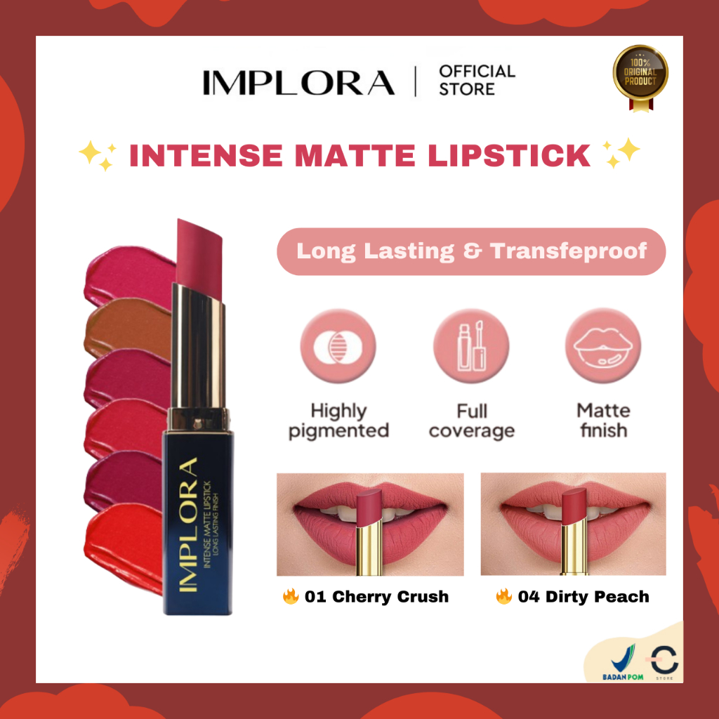 [ORI BPOM] IMPLORA Lipstick Intense Matte Long Lasting Finish | Lipstik Mate Implora | Lipstik Padat