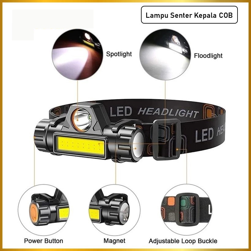 Lampu Senter Kepala COB Lampu LED Headlamp Emergency Super Terang Rechargeable