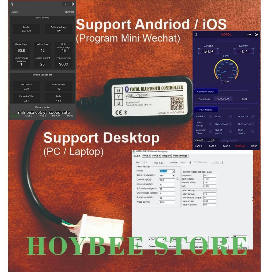 Modul Bluetooth Votol Controller Sepeda Motor Listrik PC/Smartphone Andorid iOS Tanpa Kabel USB | Vo