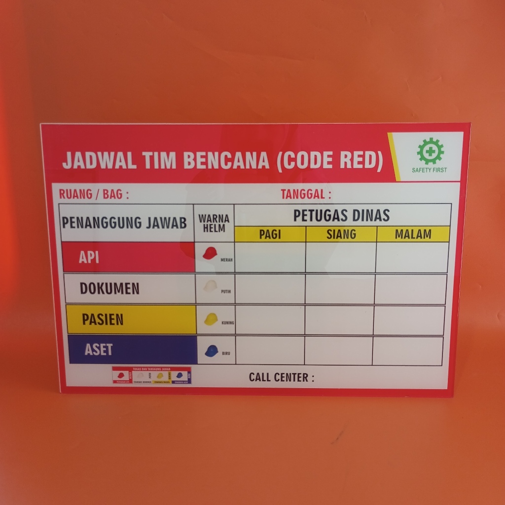 Papan Code Red 31,5 x 46,5 cm/ Akrilik Papan Code Red Super Eco/ Akrilik Daftar Petugas Code Red