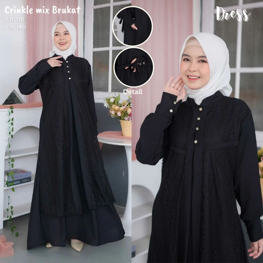 Aretha Fashion Sisi Dress Wanita Fashion Muslim Kekinian / Gamis Terbaru 2024 Lebaran Wanita Bahan Cringkel Airflow mix Brukat / Baju Gamis Pengajian Ibu Ibu Model Terkini / Gamis Wanita Dewasa Simpel
