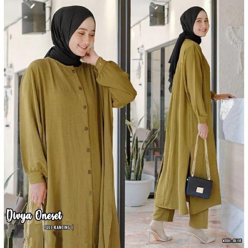 Setelan Wanita Jumbo Terbaru Kekinian Baju Muslim Tunik Celana One Set Rayon Polos