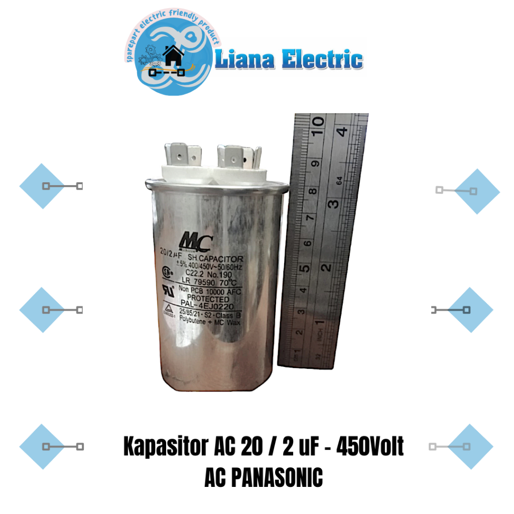Kapasitor AC / Capasitor AC PANASONIC 3 kaki 20/2 uF (merk MC) 20/2 Mikro