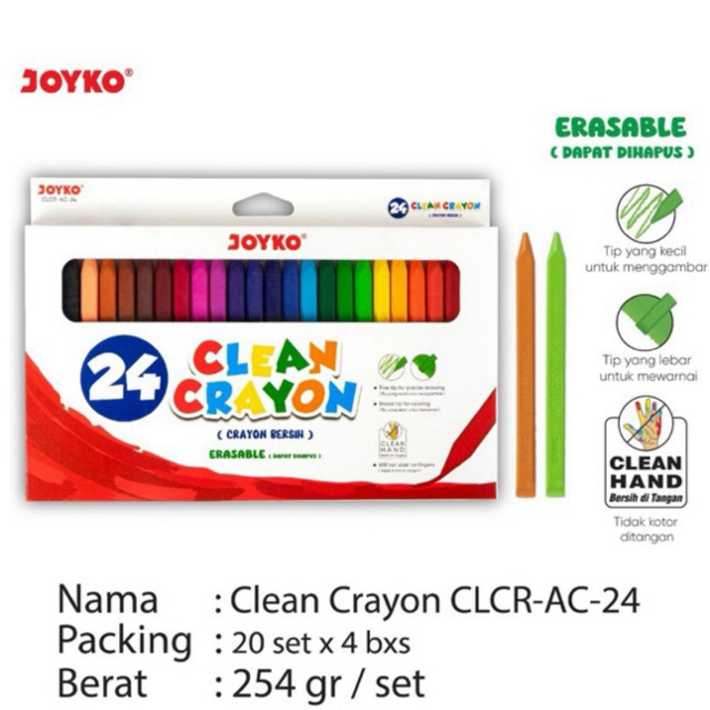 

Krayon Bersih Dapat Dihapus Clean Crayon Erasable 12 warna dan 24 warna CLCR-AB-12 Joyko