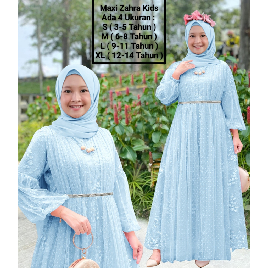 Pakaian Gamis Anak Perempuan Maxi Zahra Kids Size 3-14 Tahun Matt Full Brokat Mutiara di Lapis Furin