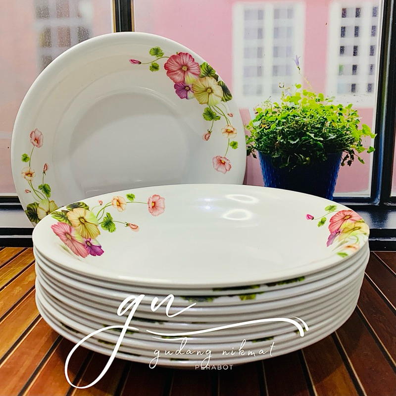 12 pcs piring lontong melamin 519/ piring 9”/ piring makan/ motif bunga rose/ putih tebal/ tempat ma