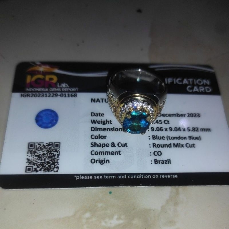 Batu cincin Natural blue topas+memo