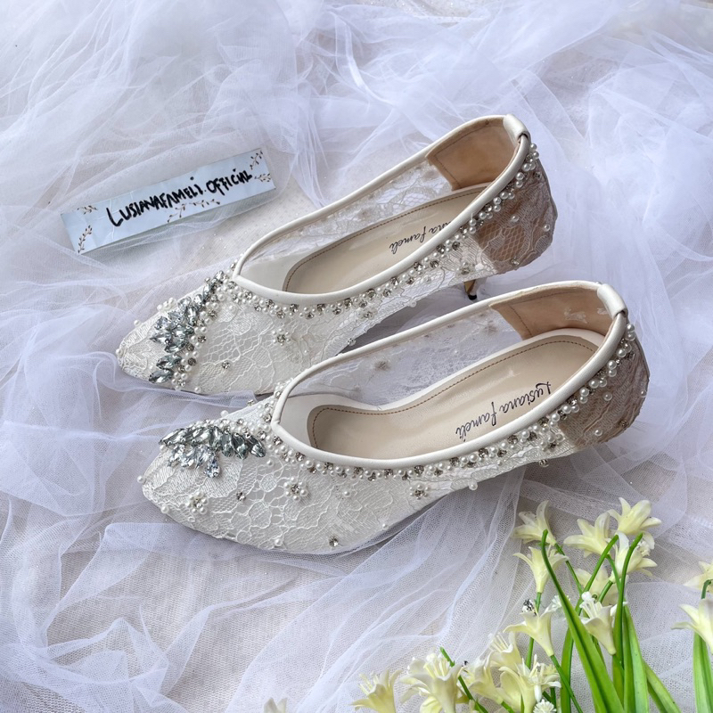 IRENE | Sendal Heels sepatu pesta pantofel warna putih hak  bebas custom model sepatu transparan til