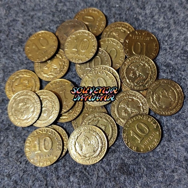 (Kinclong/Dibersihkan) Uang koin kuno 10 rupiah kuning tahun 1974 rp 10 tabanas rp.10 untuk mahar nikah rp 24 23 rupiah 2024 2023 rupiah