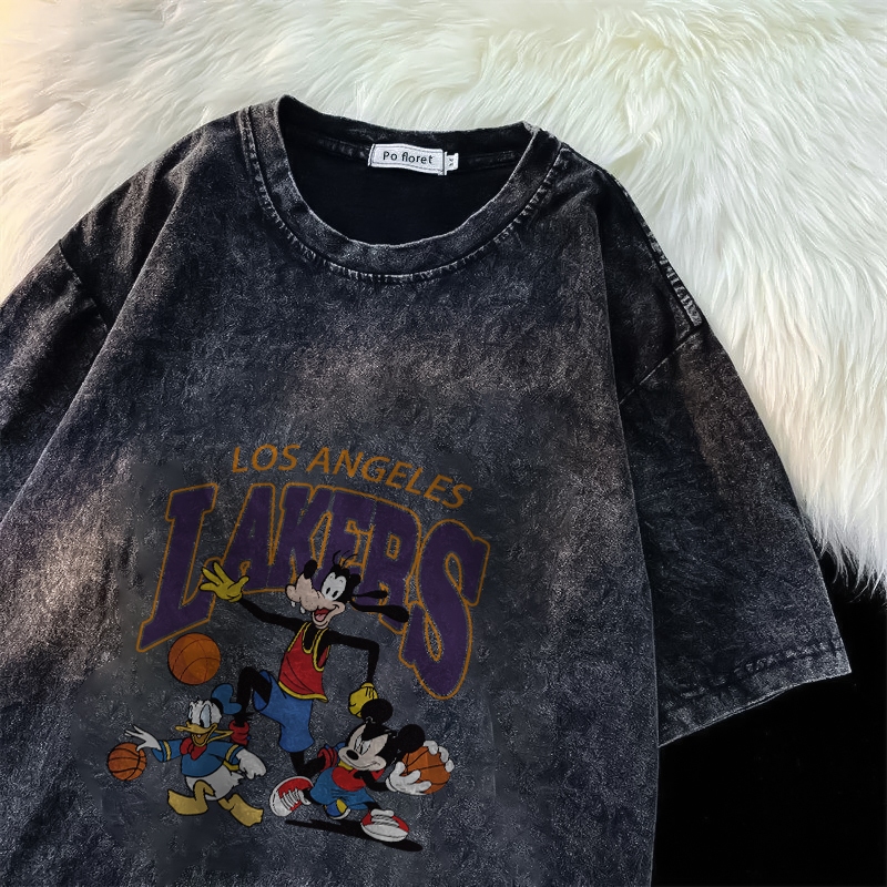 XIAOZHAINV Washed T shirt oversize jumbo Los Angeles Lakers | baju kaos oversize wanita wash black