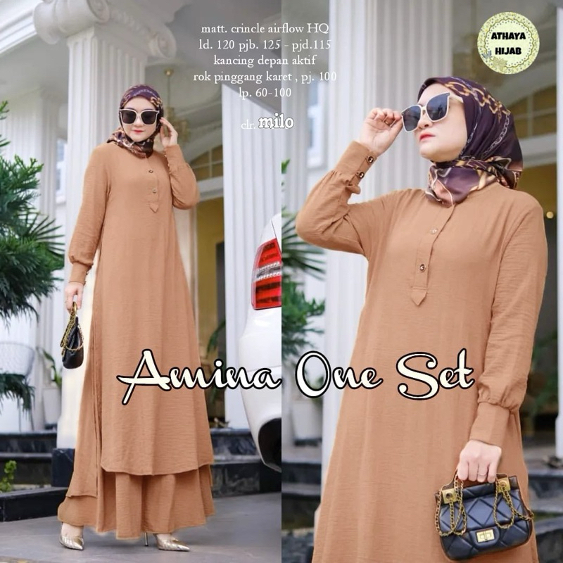 AMINA ONE SET - Setelan Celana Tunik Polos Wanita Bahan Crinkle Airflow