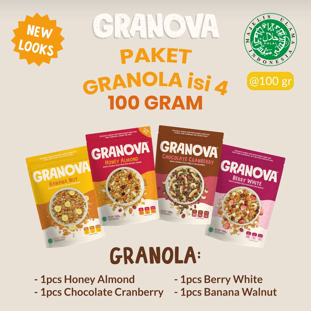 

Terlaris Granova Granola 1 gr x 4 pcs Honey Almond Choco Cranberry Berry White Banana Walnut Sereal Sarapan Sehat Halal