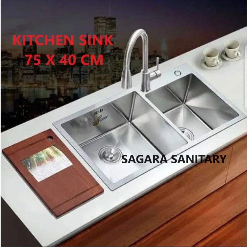 Kitchen sink 7540 stainless paket kran tarik / wastafel cuci piring 2 lubang 75 x 40 cm minimalis ko