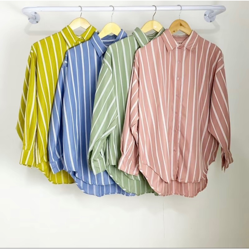 Kemeja Salur Wanita Bahan Rayon Asli Premium Kemeja Atasan Wanita Garis Oversize