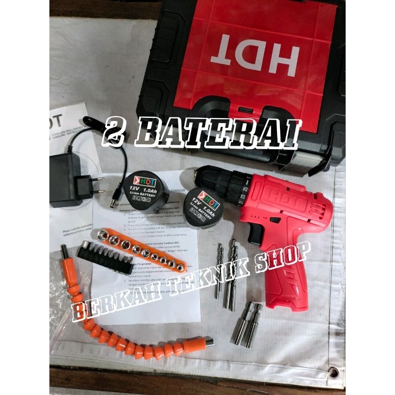 MESIN BOR BATERAI 12V HDT XENON (2 baterai) obeng bor besi kayu baja ringan kunci roping