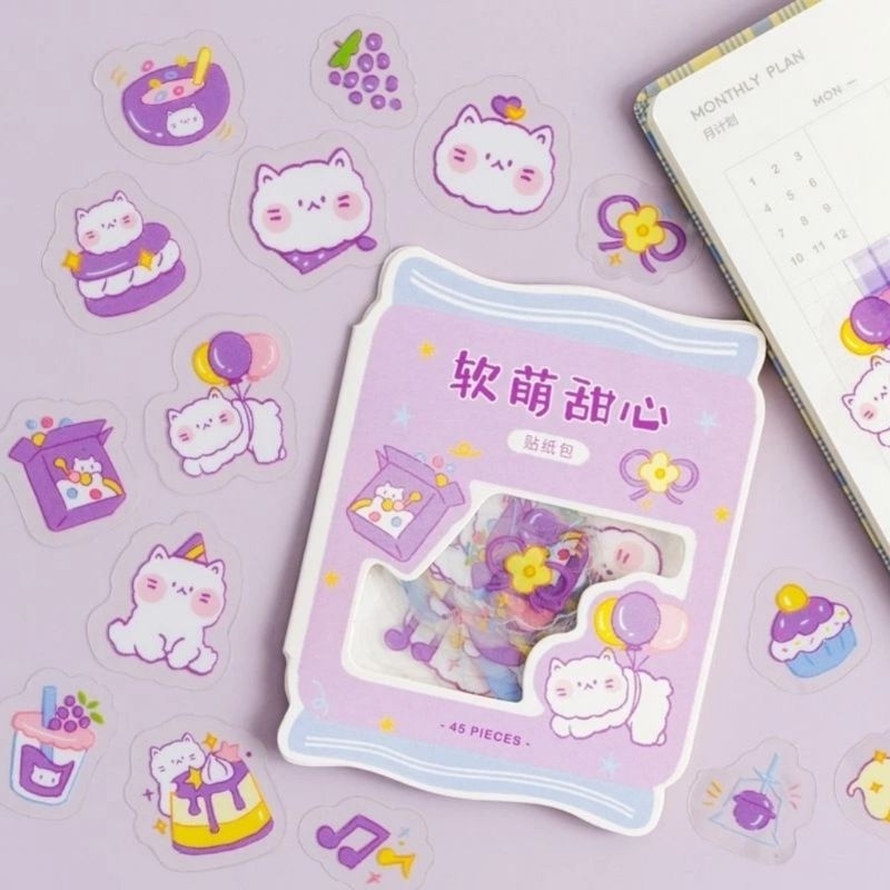 

45pcs/set sticker kelinci, beryang&kucing bahan PET untuk deco/ jurnal