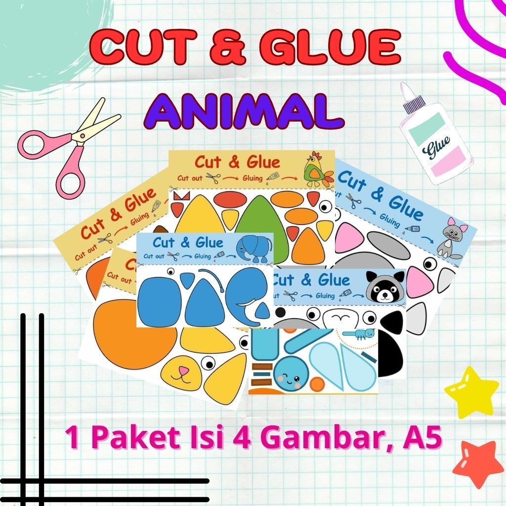 Cut and Glue Gunting Tempel Lembar Aktivitas Anak Tema Hewan