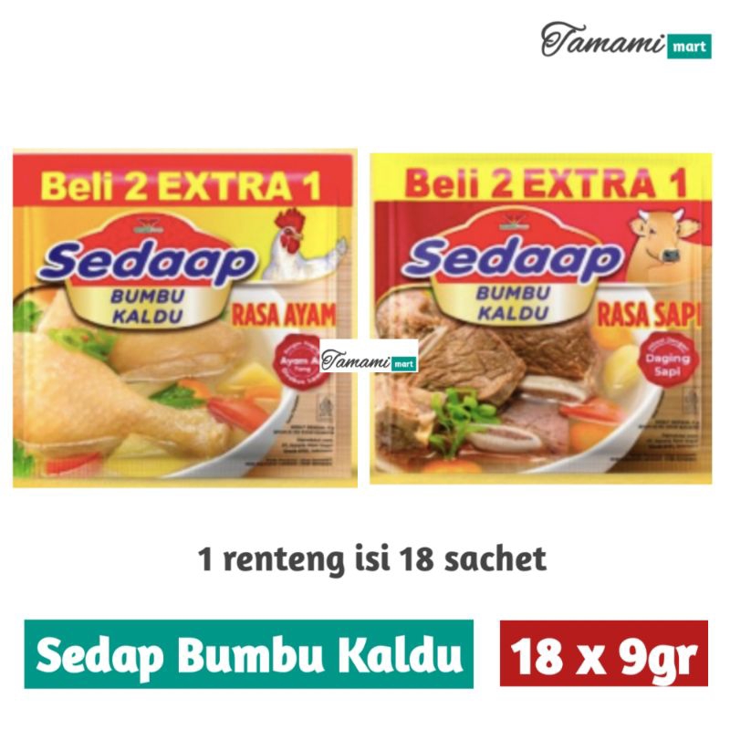 

Bumbu kaldu sedap ayam & sapi 9gr isi 1 renteng 18 sachet kemasan beli 2 gratis 1