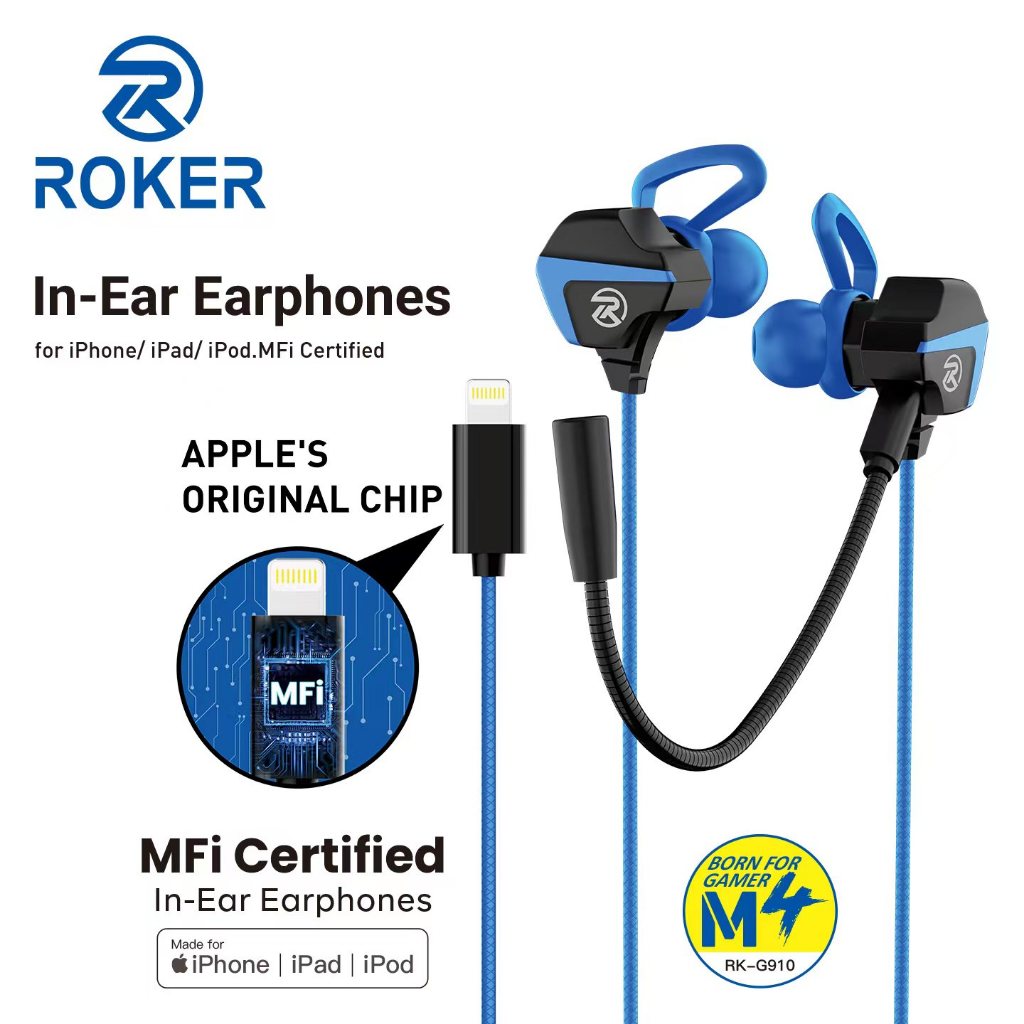 Earphone Gaming Roker RK-G910 IOS Lightning MFI - Earphone In-ear dengan Konektor Lightning