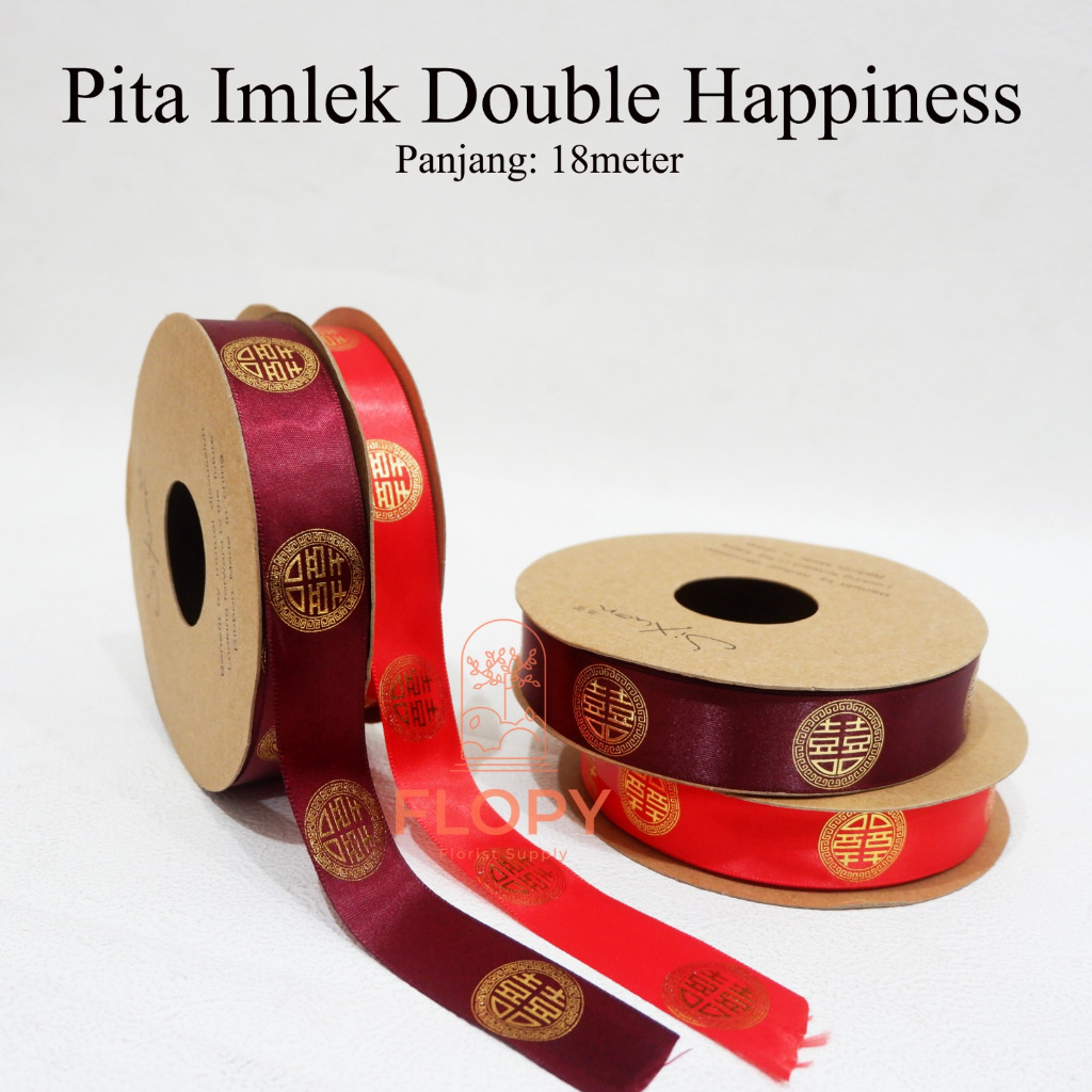 

[18 Meter] Pita Imlek 2.5 cm Double Happiness / Pita Satin Motif Imlek