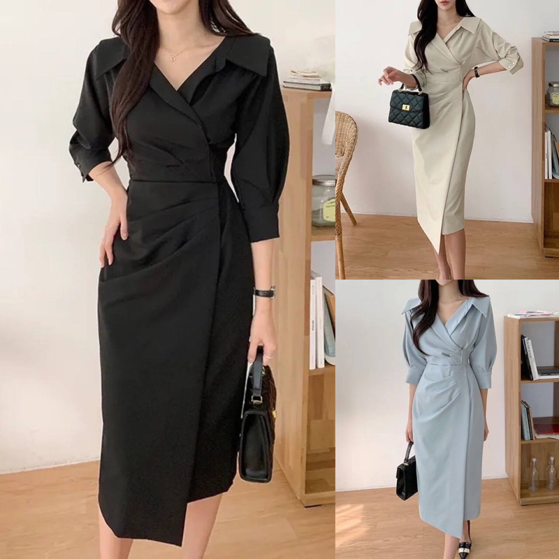 D1507 CHOSHI KOREAN STYLE VINTAGE MIDI DRESS SIMPLE POLOS CASUAL FORMAL KANTOR