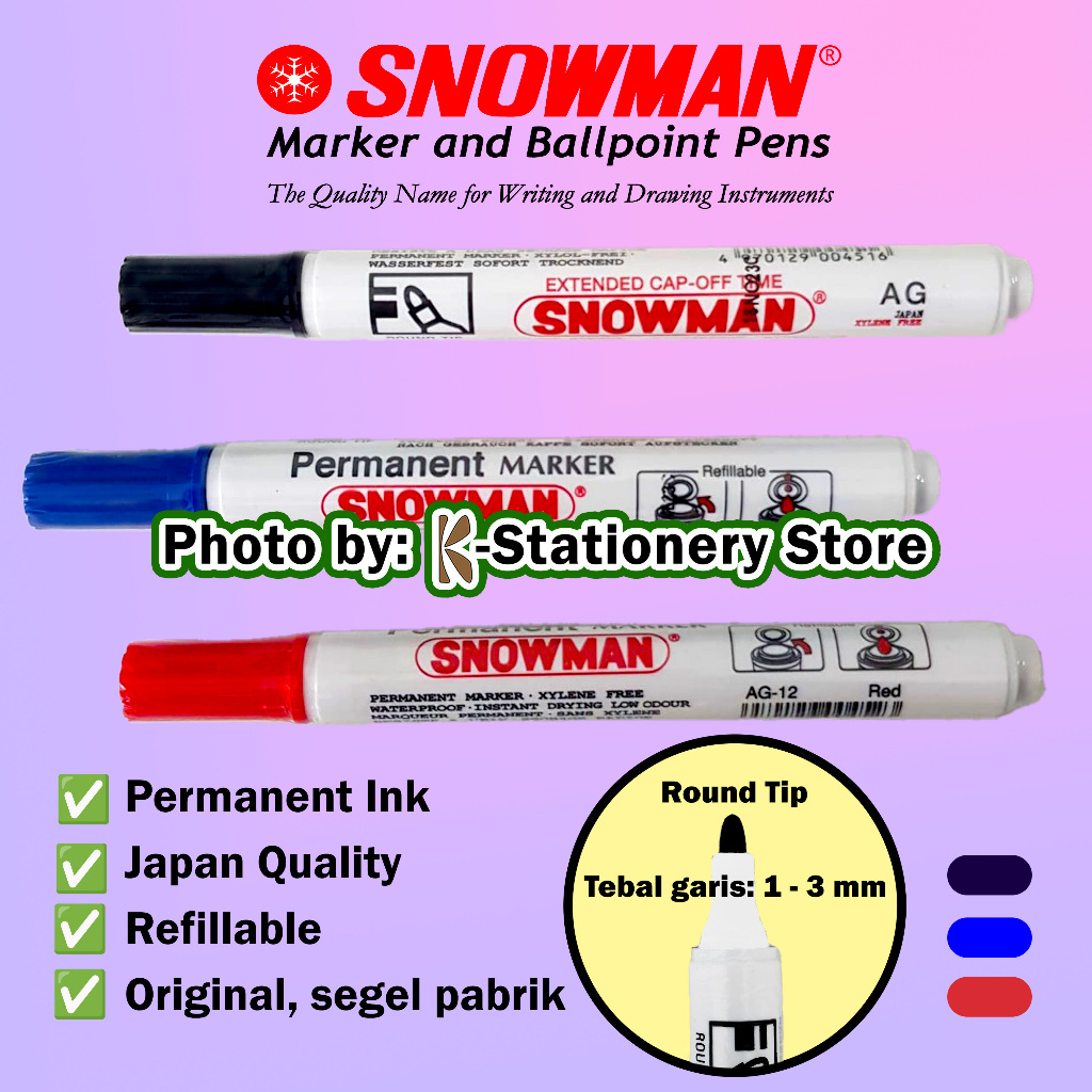 

[ Permanent ] Spidol Snowman Original Permanent Marker AG-12 ( Hitam / Merah / Biru ) – Refillable