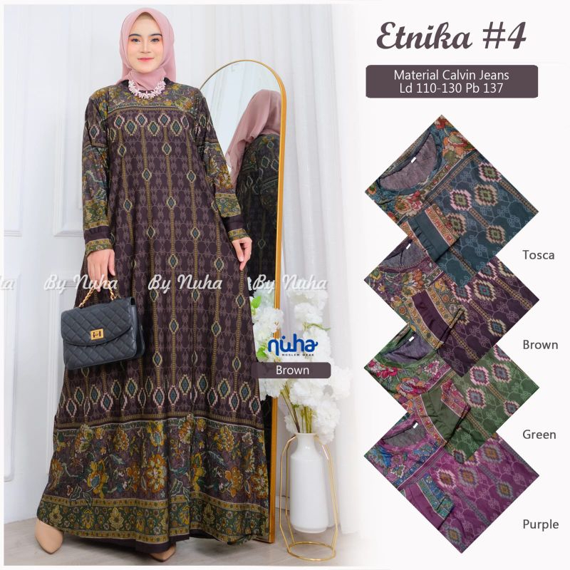 Gamis Jumbo Etnika #4 Dress Kondangan Terbaru Bahan Calvin Jeans Super Jumbo XL-XXXL Gamis Printing 