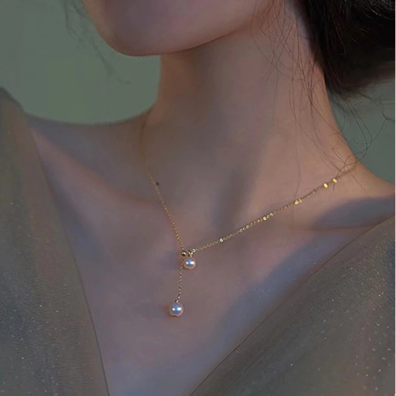 Kalung Titanium Wanita Liontin Mutiara Juntai Panjang Anti Karat / Kalung Hijab Titanium Mutiara