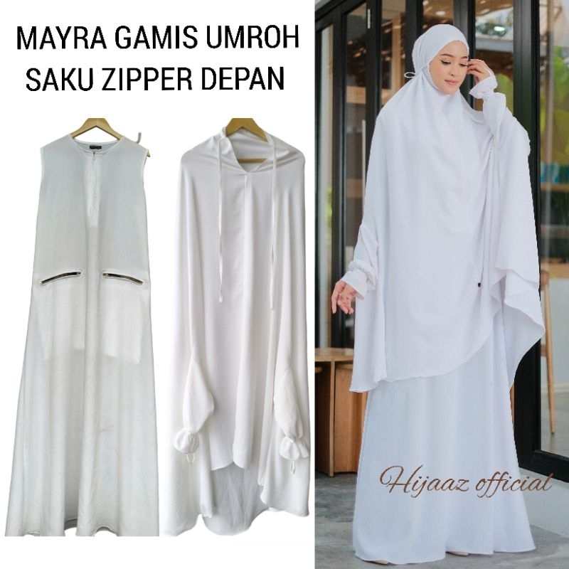 Mayra gamis umroh putih inner dress kantong dua zipper ykk set khimar tangan