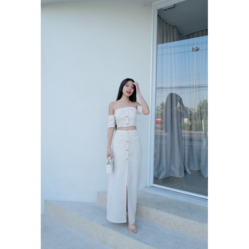 Moran Set (Korean Tweed Sabrina Crop Top Long Skirt Import Bangkok)