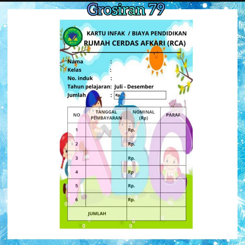 

CUSTOM KARTU IURAN l LES l BIMBEL RUMAH BELAJAR INFAQ SUBUH PAGUYUBAN KAS KOMITE UMUM UKURAN 10,5 CM X 16 CM