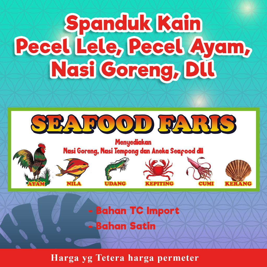 SPANDUK KAIN PRINTING PECEL LELE l PECEL AYAM l SATE MADURA l NASI GORENG SEAFOOD (BISA COD) (FREE G