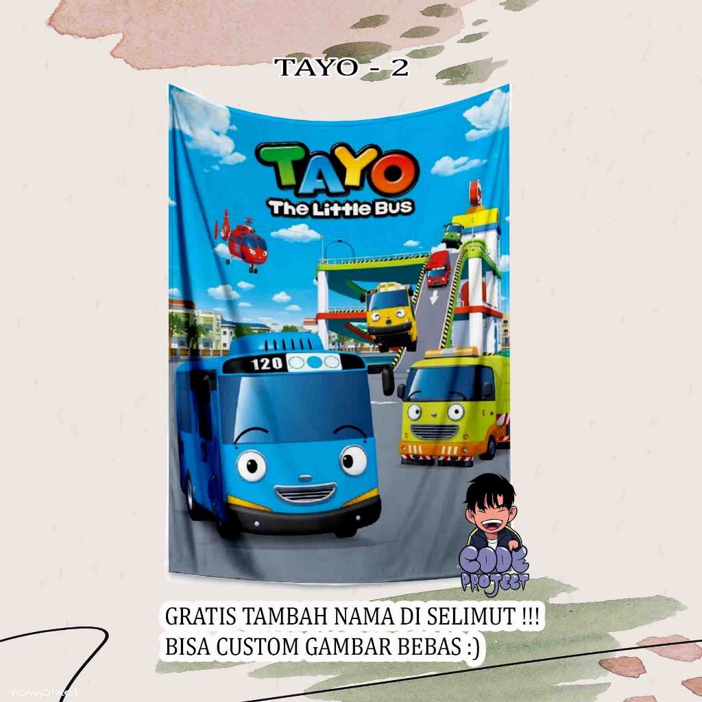 SELIMUT ANAK KARAKTER TAYO - selimut tayo bisa pakai nama anak - selimut custom - selimut lucu gamba