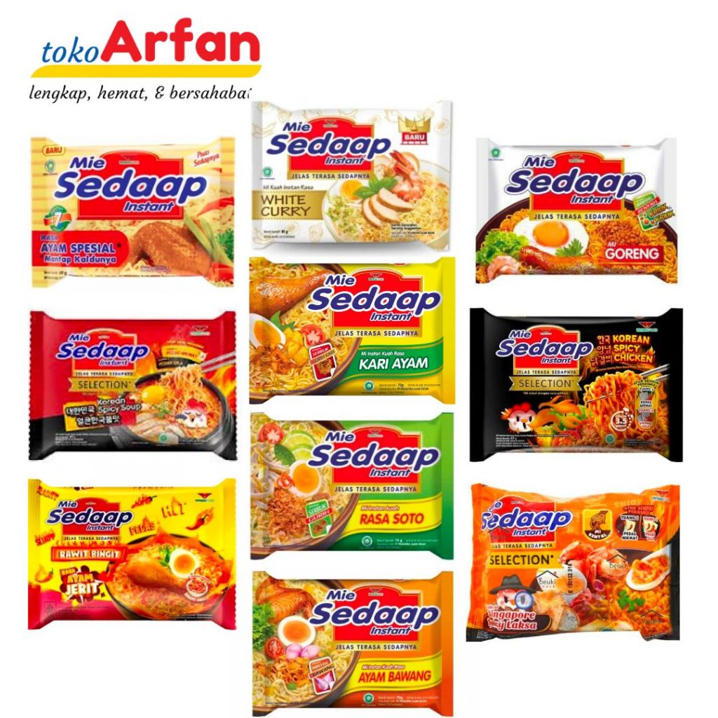 

Sedaap Mie Instan ayam bawang soto jerit spicy soup goreng spicy chicken murah 1 dus isi 40 ( harga per pcs)