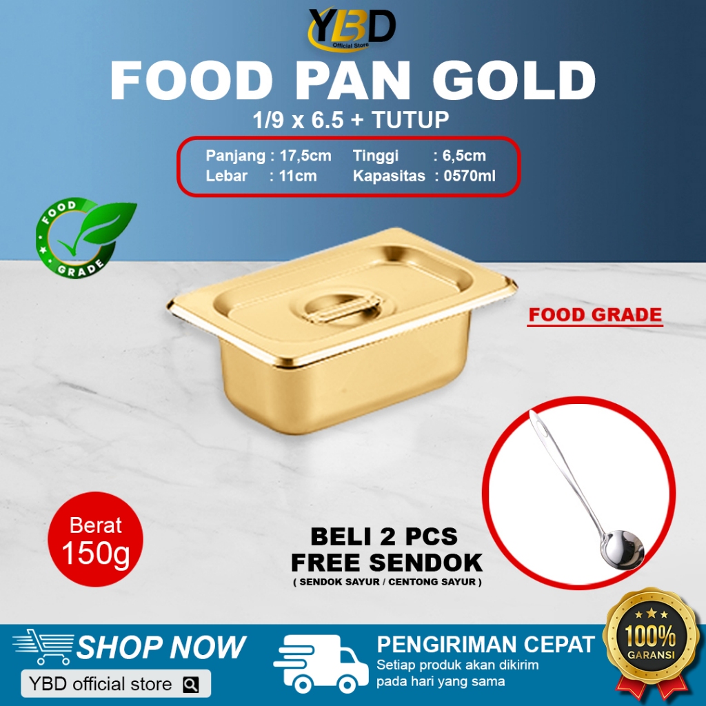 Food Pan GOLD + TUTUP Stainless 1/9 x 6,5cm | Gastronom Food Pan EMAS / Food pan satu set Prasmanan 