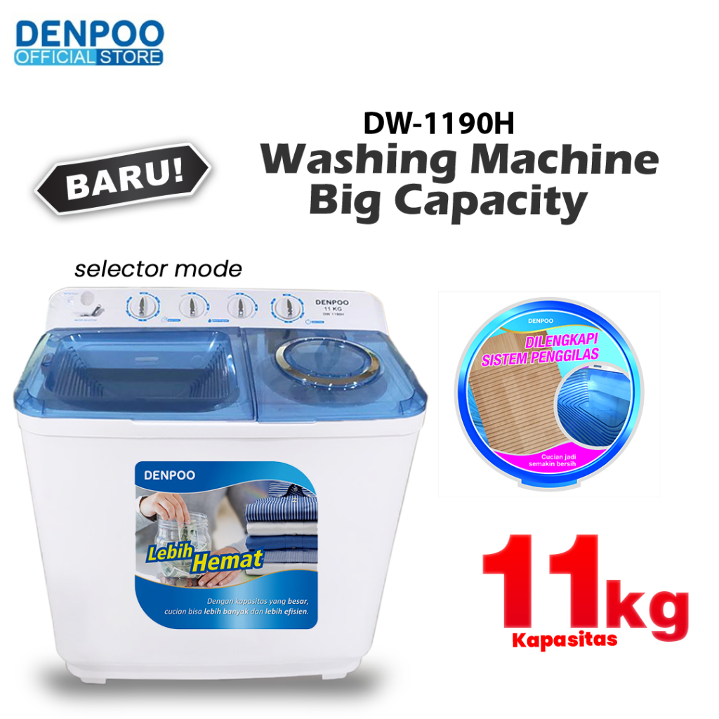 MESIN CUCI 2 TABUNG DENPOO DW 1190, 11 KG