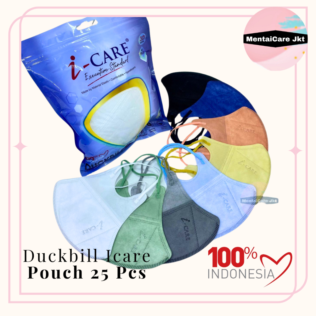 [Harga Grosir] Masker Medis ICARE Duckbill EMBOS Earloop 4ply POUCH isi 25pcs 3D Surgical Mask Duckb