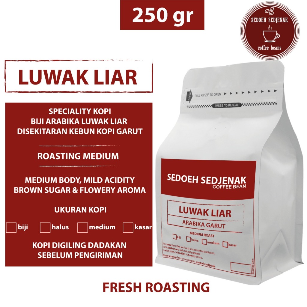 Kopi Luwak Liar Asli Arabika Garut 250gr Kopi Premium Spesiality Biji dan Bubuk